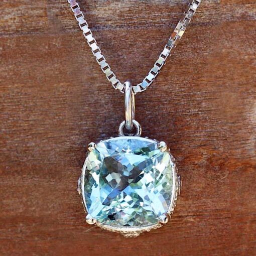 Square Cushion Aquamarine Diamond Pendant White Gold Platinum LS5298