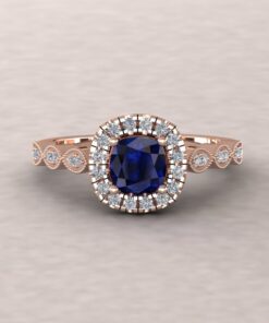Square Cushion Cut Deep Blue Sapphire Engagement Ring Rose Gold LS5661