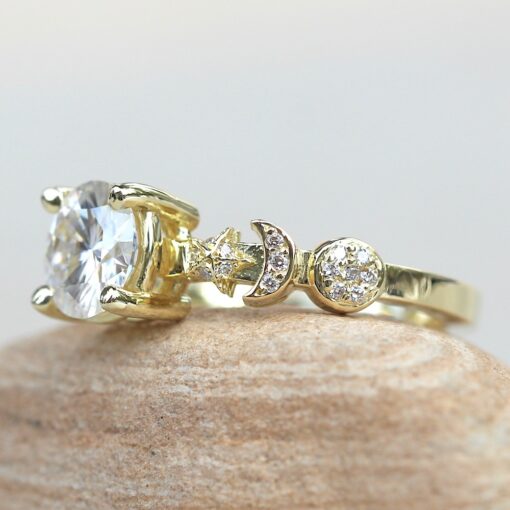 Sun Moon Star Round Cut Moissanite Engagement Ring Yellow Gold LS5893