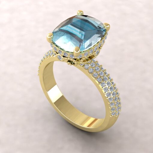 Triple Half Eternity Diamond Shank Aquamarine Ring Yellow Gold LS5918