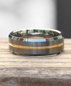 Tungsten Mans Band Brushed Gunmetal Yellow Gold Grooved Center LS5441