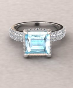 White Diamond Princess Cut Aquamarine Ring White Gold Platinum LS5282