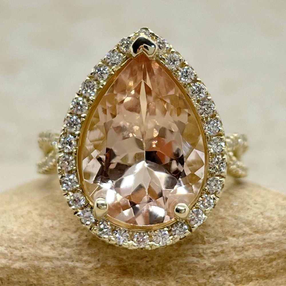 AAA Morganite Diamond Twisted Shank Engagement Ring Yellow Gold LS5310