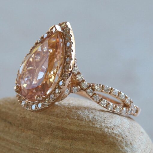 Peachy Pink Morganite Diamond Halo Twisted Shank Ring Rose Gold LS5310