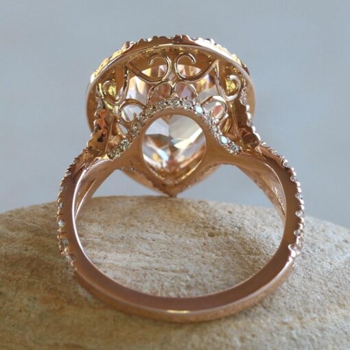 Pear Cut Morganite Diamond Halo Ring Filigree Basket Rose Gold LS5310