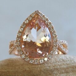 Pear Cut Peach Morganite Diamond Halo Engagement Ring Rose Gold LS5310