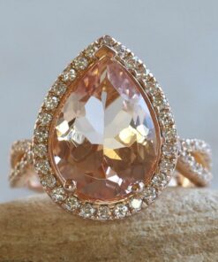 Pear Cut Peach Morganite Diamond Halo Engagement Ring Rose Gold LS5310