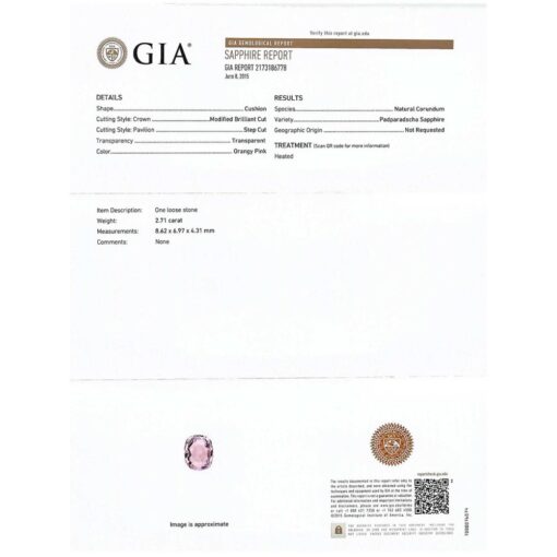 genuine loose pink padparadscha sapphire 9x7mm rectangular cushion cut 3 carats GIA certified LSG459