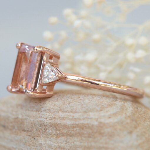 Emerald Cut AAA Peach Morganite Trillion Diamond Ring Rose Gold LS6036