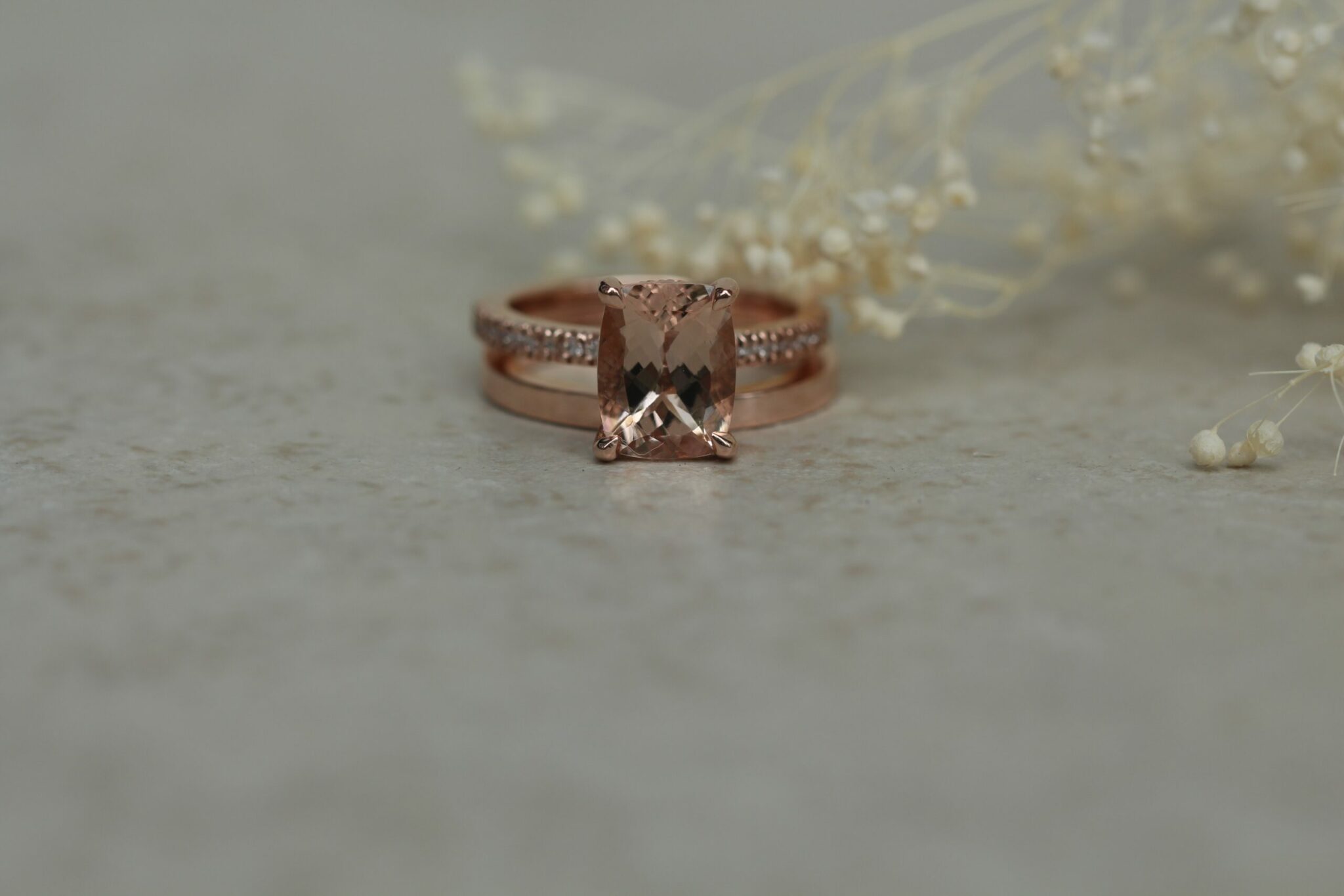 Rectangular cushion cut peach morganite Beverly Collection style bridal set - Image 2