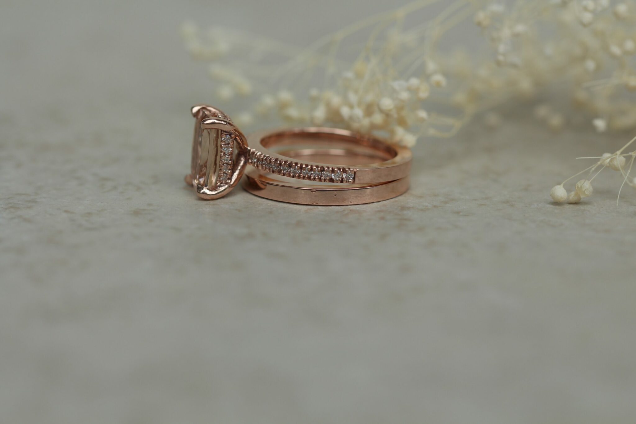 Rectangular cushion cut peach morganite Beverly Collection style bridal set - Image 3