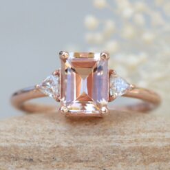 Morganite Three Stone Ring Emerald Cut Dainty Shank Rose Gold LS6036