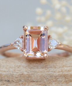 Morganite Three Stone Ring Emerald Cut Dainty Shank Rose Gold LS6036