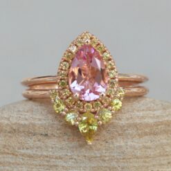 Pink Morganite Yellow Sapphire Halo Bridal Ring Set Rose Gold LS6029