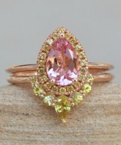 Pink Morganite Yellow Sapphire Halo Bridal Ring Set Rose Gold LS6029