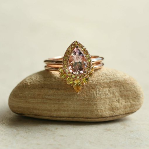 pink morganite engagement ring 9x6mm yellow sapphire halo 14k rose gold LS6029 and LS6030