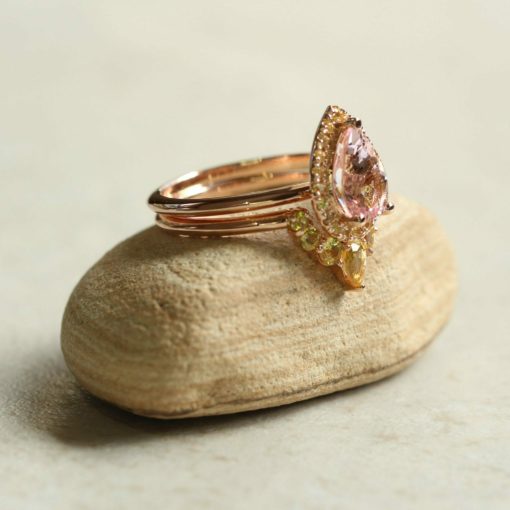 pink morganite engagement ring 9x6mm yellow sapphire halo 14k rose gold LS6029 and LS6030