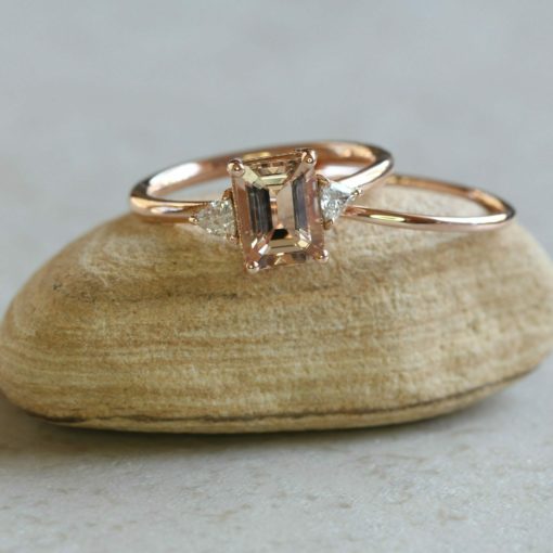 three stone engagement ring emerald cut morganite with trillion cut diamonds 14k rose gold LS6036