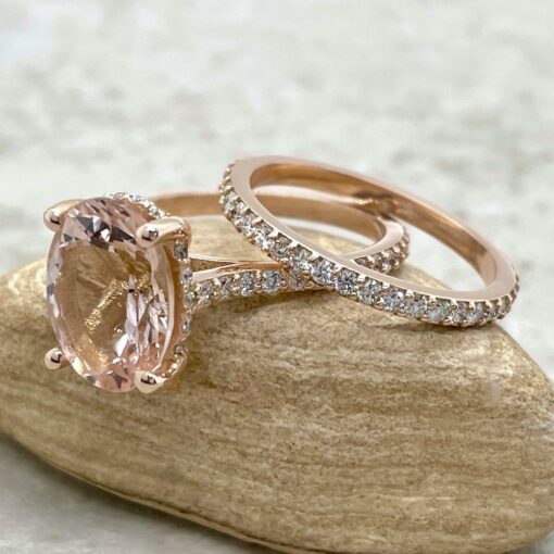 Hidden Halo Oval Cut Light Peach Morganite Bridal Set Rose Gold LS6085