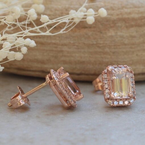 AAA Emerald Cut Peach Pink Morganite Diamond Earrings Rose Gold LS6107