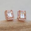 Classic Emerald Cut Morganite Diamond Halo Earrings Rose Gold LS6107