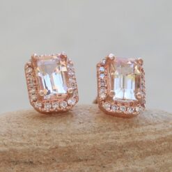 Classic Emerald Cut Morganite Diamond Halo Earrings Rose Gold LS6107