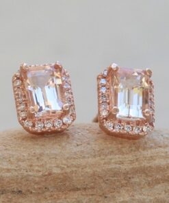 Classic Emerald Cut Morganite Diamond Halo Earrings Rose Gold LS6107