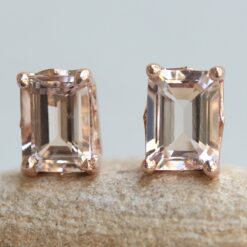 Emerald Cut Peachy Pink Morganite Pushback Earrings Rose Gold LS5461