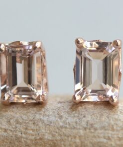Emerald Cut Peachy Pink Morganite Pushback Earrings Rose Gold LS5461