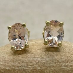 Solitaire Oval Cut Peachy Pink Morganite Earrings Yellow Gold LS5681