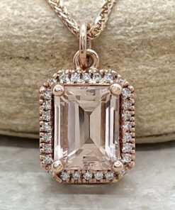 Vintage Style Diamond Morganite Pendant Emerald Cut Rose Gold LS6106