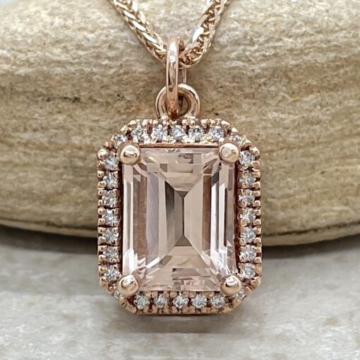Vintage Style Diamond Morganite Pendant Emerald Cut Rose Gold LS6106
