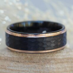 Hammered Black Tungsten Ring, IP Rose Gold Plated Beveled Edges LS6130