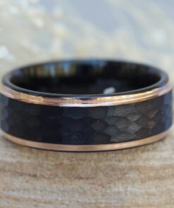 Hammered Black Tungsten Ring, IP Rose Gold Plated Beveled Edges LS6130