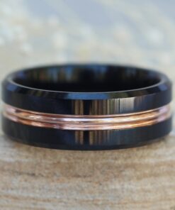 Rose Gold Tungsten Ring, Shiny Black Beveled Edges Wedding Band LS6126