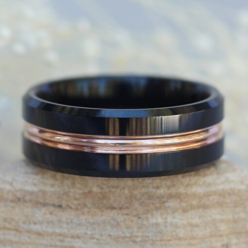 Rose Gold Tungsten Ring, Shiny Black Beveled Edges Wedding Band LS6126