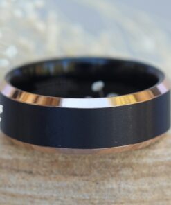 Tungsten Ring Rose Gold Beveled Edge, Black Brushed Center 8mm LS6139