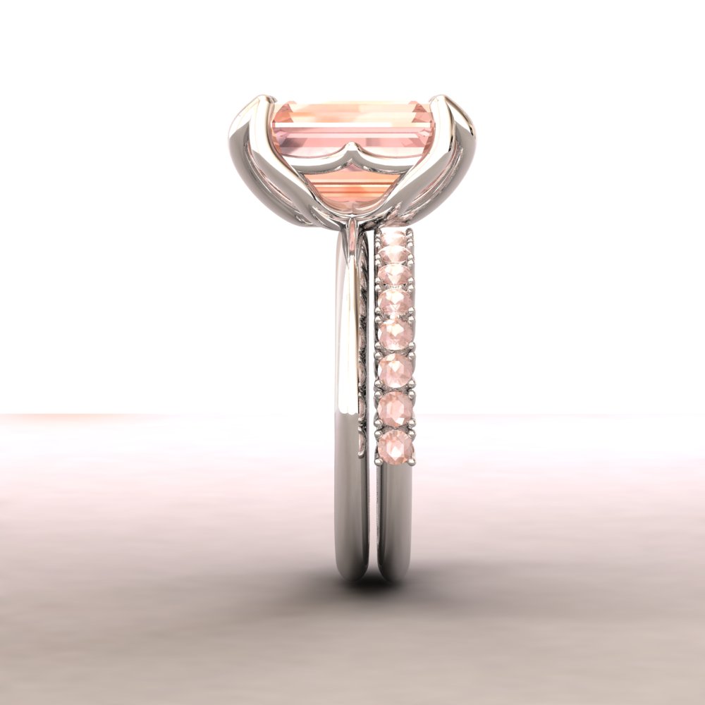 Custom emerald cut Lily Collection morganite ring and band - Image 5
