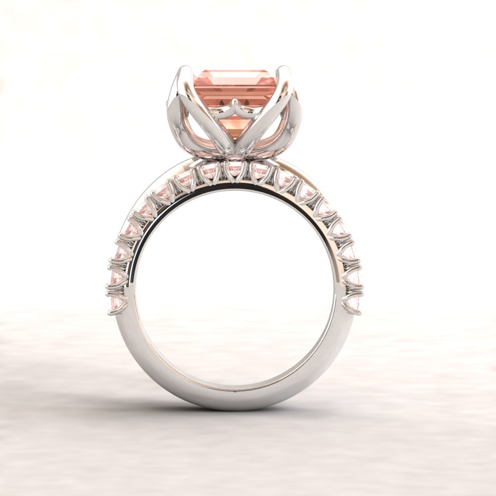 Custom emerald cut Lily Collection morganite ring and band - Image 6