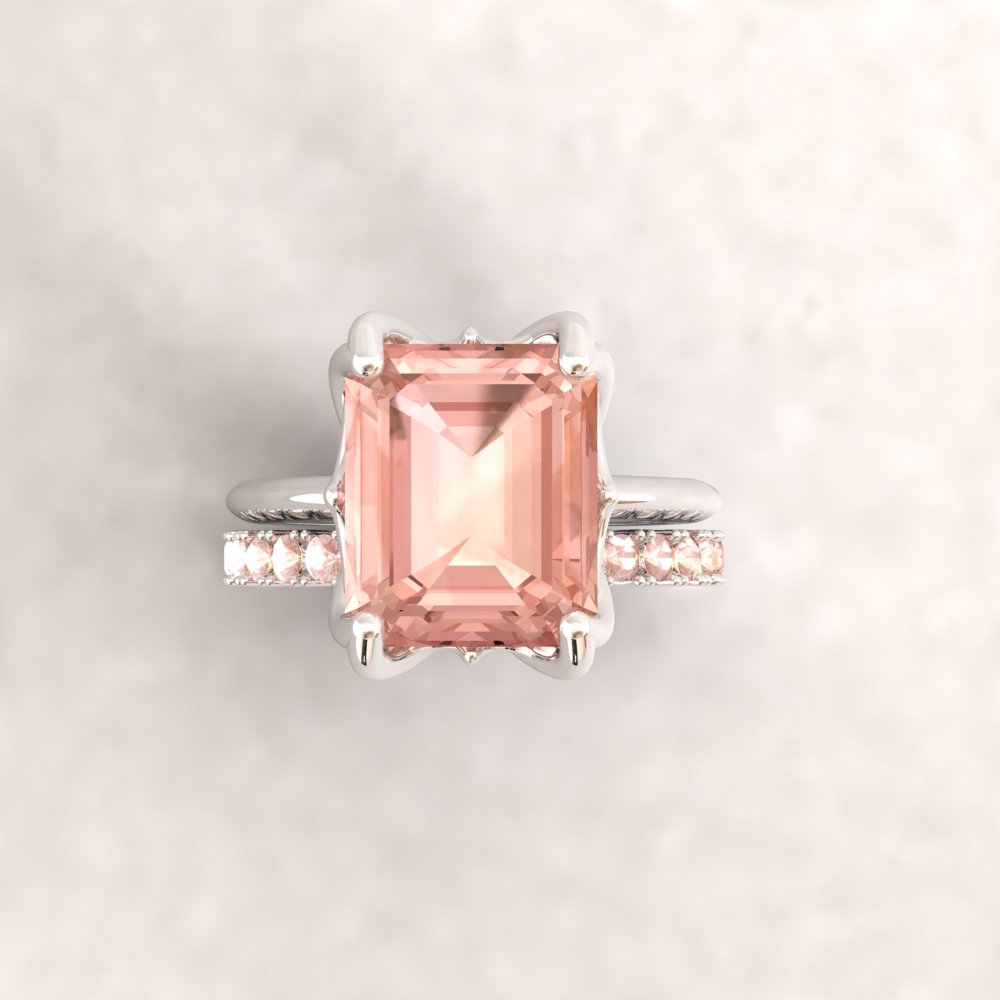 Custom emerald cut Lily Collection morganite ring and band - Image 7