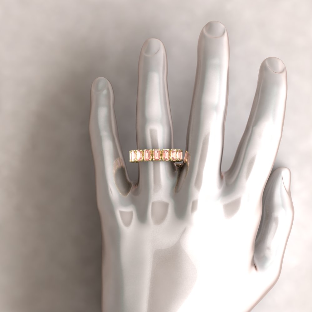AAA Emerald Cut Peachy Pink Morganite Wedding Band Yellow Gold LS5935