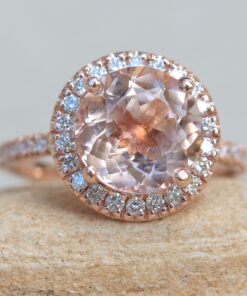 Classic Round Morganite Engagement Ring Diamond Halo Rose Gold LS6257