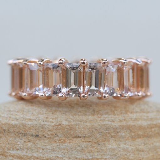 Emerald Cut Peach Morganite Anniversary Wedding Band Rose Gold LS5934