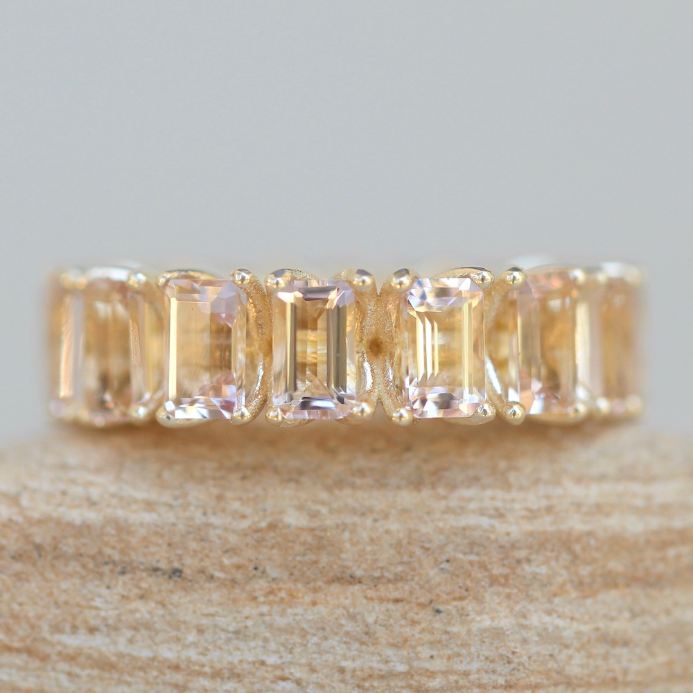 Emerald Cut Peach Morganite Gemstone Eternity Ring Yellow Gold LS5935