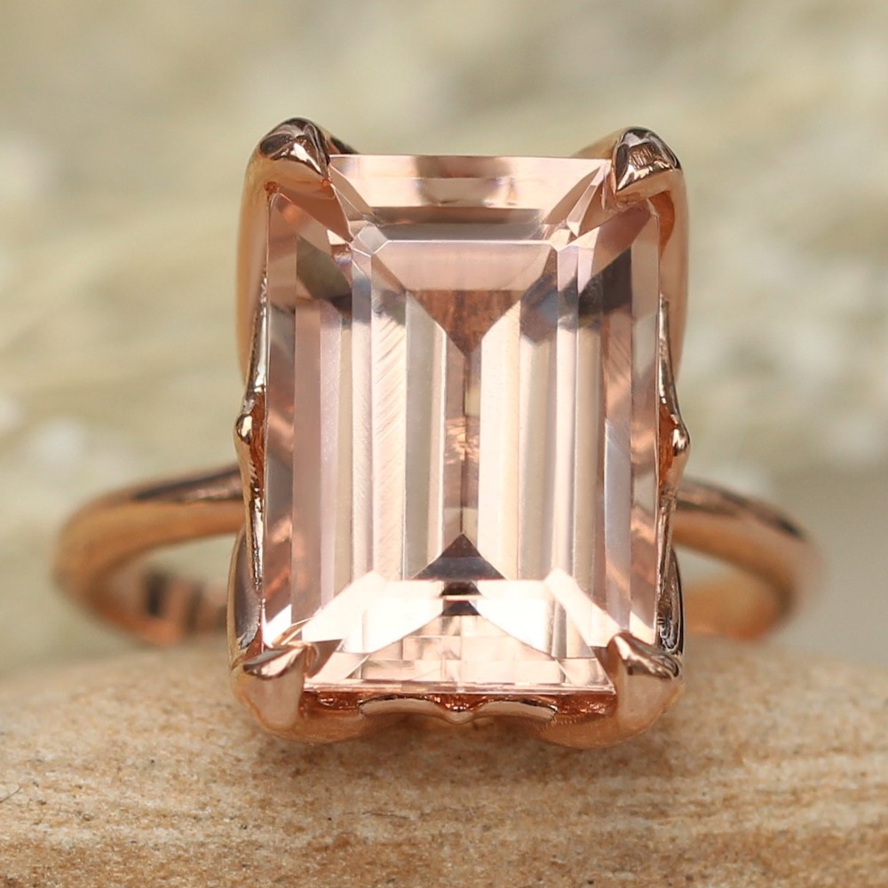 Emerald Cut Peach Morganite Solitaire Engagement Ring Rose Gold LS5870