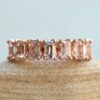 Emerald Cut Peachy Pink Morganite Flower Wedding Ring Rose Gold LS5936