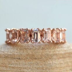 Emerald Cut Peachy Pink Morganite Flower Wedding Ring Rose Gold LS5936