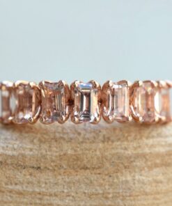 Emerald Cut Peachy Pink Morganite Flower Wedding Ring Rose Gold LS5936