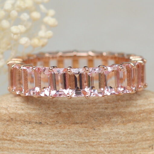 Emerald Cut Pink Morganite Full Eternity Wedding Ring Rose Gold LS6123
