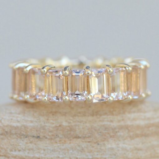 Emerald Cut Pure Pink Morganite Full Eternity Ring Yellow Gold LS6123